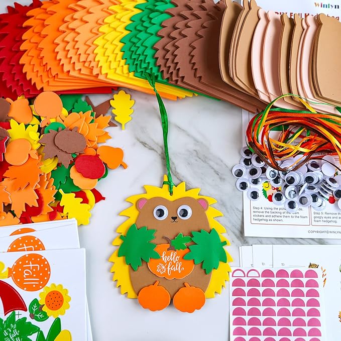 Winlyn Fall Craft Kits 24 Sets DIY Fall Hedgehog Ornaments Decorations Art Sets Autumn Maple Leaf Pumpkin Foam Stickers Googly Eyes for Kids Thanksgiving Halloween Classroom Activities Party Favors