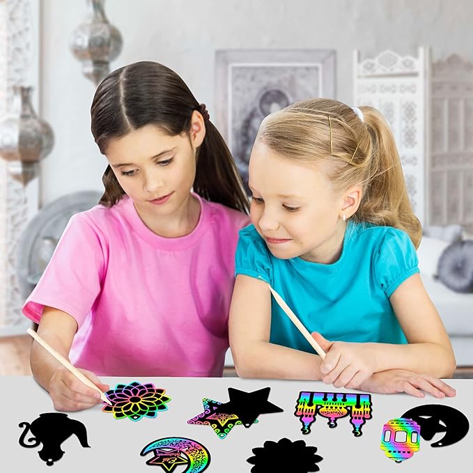 WATINC 60pcs Ramadan Scratch Paper Art Kit for Kids, Eid Mubarak Magic Color Scratch Off Cards Hanging Ornaments Craft, Al-Fitr Party Classroom Activity School DIY Drawing Project Supplies