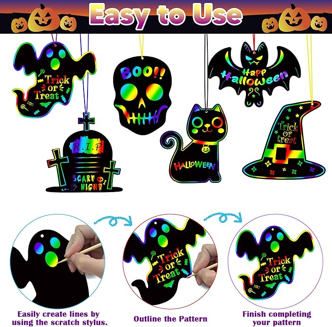 OHOME Halloween Party Favors - 48 PCS Halloween Magic Rainbow Scratch Paper Cards Set,Halloween Games for Kids - Kids Halloween Treats Toys Gifts Party Supplies | Halloween Crafts for Kids