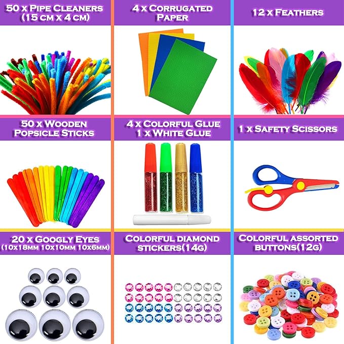 MOISO Kids Crafts and Art Supplies Jar Kit - 550+ Piece Set - Plus Glitter Glue, Construction Paper, Colored Popsicle Sticks, Eyes, Pipe Cleaners