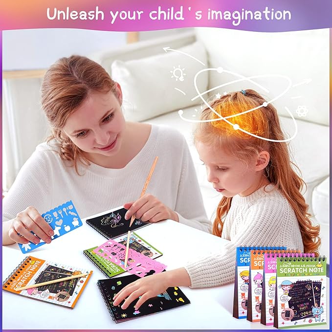 POKONBOY 24 Pack Rainbow Scratch Paper Arts Notebooks, Scratch Note Pads for Kids Rainbow Party Favors Coloring Books for Girls Boys Art Party Supplies