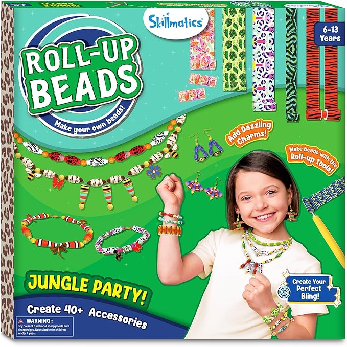 Skillmatics Craft Activity - Roll-Up Beads Jungle Party DIY Kit, 500+ Charms & Beads, Create 40+ Necklaces, Earrings and Bracelets, Gifts for Tweens and Girls, Ages 6, 7, 8, 9, 10, 11, 12, 13