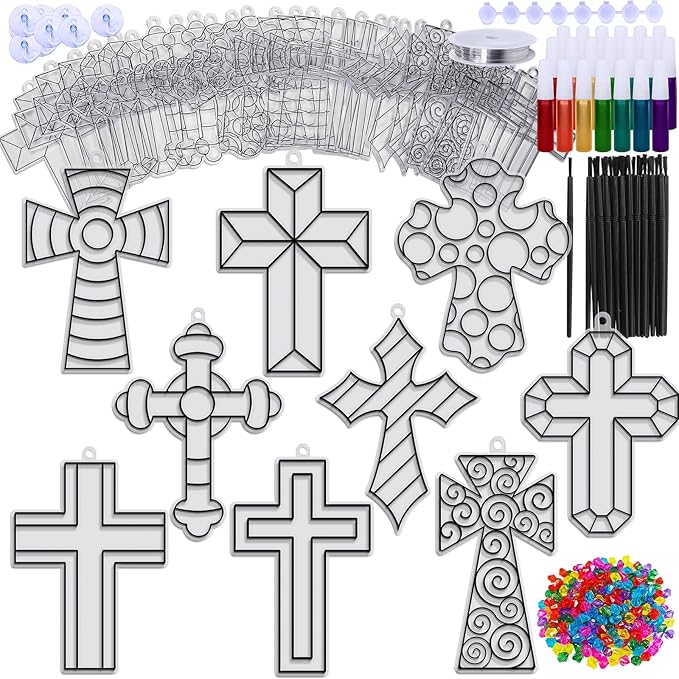 Winlyn 27 Sets Cross Suncatchers Ornaments Decorations DIY Window Paint Art Suncatchers Cross Craft Kits Cross Sun Catchers for Kids Sunday School VBS Christmas Easter Holiday Activities Party Favors