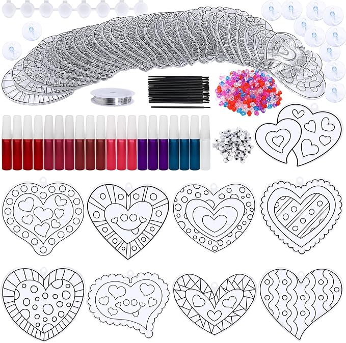 Winlyn 27 Sets Heart Suncatchers Ornaments Decoration DIY Window Paint Art Stickers Craft Kit Heart Sun Catchers for Kids Mother's Day Gift Valentine's Day Classroom Art Project Party Favors