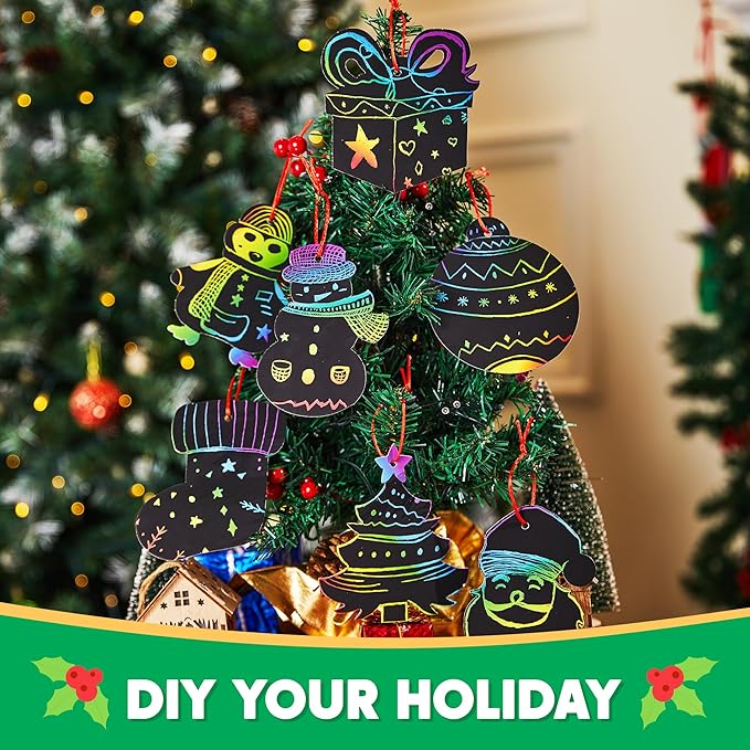 JOYIN 72 Pcs Christmas Scratch Art Ornaments, Rainbow Color Scratch Paper Craft Kit Include Snowman, Christmas Tree, and Reindeer, Scratch Off Hanging Ornament for Kids Party Favor