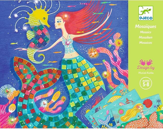DJECO Mermaid's Song Mosaic Arts & Crafts Kit - Create Your Own Glittery Underwater Scene for School - Fun & Creative for Family & Friends, Boys & Girls, Educational, Sticker Foam for Kids 5+