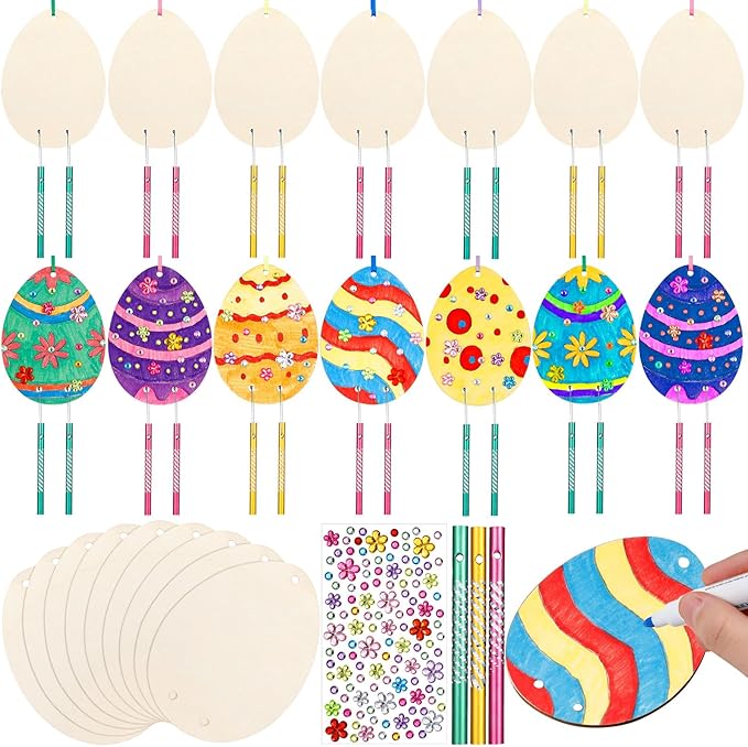 Wenqik 12 Sets Easter Wind Chimes Craft for Kids DIY Coloring Wooden Easter Craft Kits Paintable Unfinished Egg Hanging Ornament Crafts for Girls Boys Spring Party School Decor
