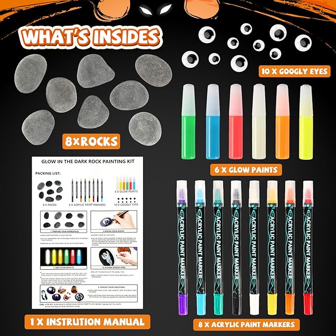 JULEASEL Rock Painting Kit, Glow in The Dark Rock Craft Paint Kits, Arts and Crafts for Kids Ages 6-12, Holiday DIY Crafts for Girls & Boys with Mess-Free Paint Pens Markers