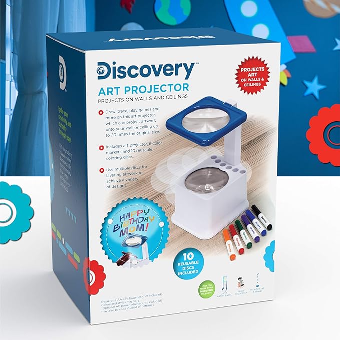 Discovery Kids Art Projector with Six Dry Erase Markers and 10 Reusable Drawing Discs, Draw on Reusable Transparent Sheets, Magnify and Project Art onto Ceilings, Walls, and More