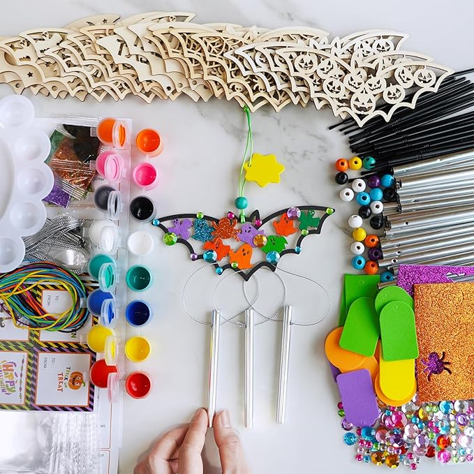 Winlyn 24 Sets Halloween Crafts Fall Crafts Halloween Bat Craft Kits DIY Wooden Bat Wind Chimes Ornaments Craft Kits for Kids Classroom Activities Art Project Halloween Decorations Party Favors