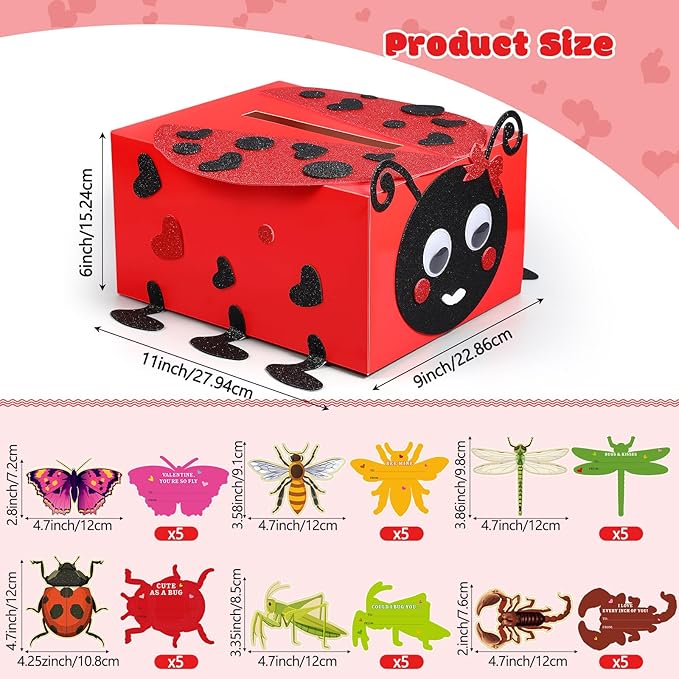 Pasimy DIY Valentines Card Boxes with 30 Insect Greeting Cards DIY Valentine Ladybug Mailbox Craft Kits Valentine's Day Love Bug Party Favor Sets for Kids School Classroom Gifts Exchange
