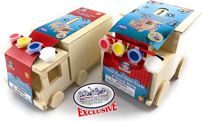 Mɑtty's Toy Stop Design & Paint Your Own Wooden Train & Truck Banks (Each Includes 4 Paints & 1 Brush) Gift Set Bundle - 2 Pack