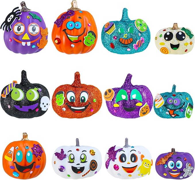 Winlyn 48 Sets Halloween Crafts Halloween Pumpkin Decorating Stickers Craft Kits Funny Face Jack-O'-Lantern Glitter Halloween Arts and Crafts for Kids Classroom Activities Art Projects Party Favors