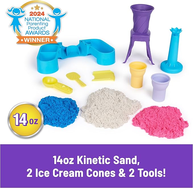 Kinetic Sand, Soft Serve Station with 14oz Play Sand (Blue, Pink & White), 2 Ice Cream Cones & 2 Tools, Sensory Toys for Kids Ages 5 and up