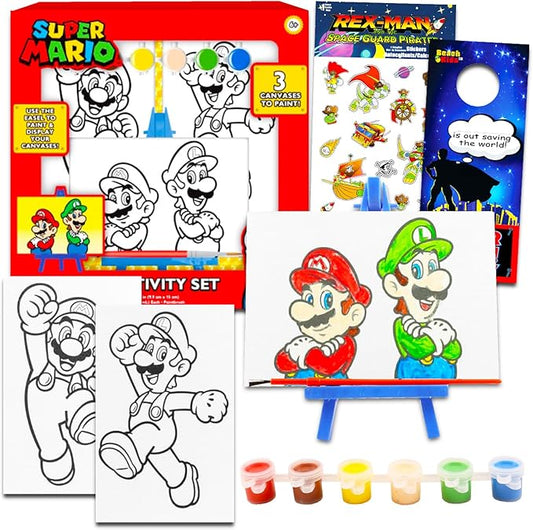 Super Mario Art Set for Kids - Bundle with Mario Art Supplies with Canvases, Easel, Paint Plus Stickers and More | Super Mario Gifts for Boys, Girls