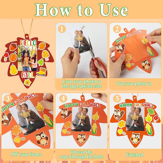 Qyeahkj 36 Sets Fall Thanksgiving Craft for Kids DIY Autumn Leaves Picture Frame Craft Kit with Easel Maple Leaf Fun Photo Frame Craft and Arts Kit for Home Class Kindergarten Party Art Activity