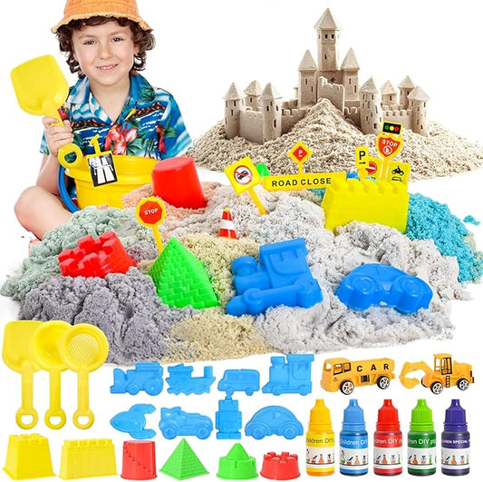 Play Sand Construction Set- Play Sand Kit, Sensory Bins with Magic Sand, Excavator Toy, Sand, Shovel Construction Site Kit, Beach Building Castle Sandbox Kit Gifts for Toddlers Age 3-8 Boy Girl