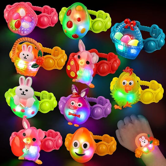 NPET LED Light Up Bracelets 10 Packs Easter Party Favors for Kids, Pop Fidgets Bracelets Glow in The Dark Egg Fillers Goody Bag Stuffers for Kids Boys Girls Glow in the Dark Bracelets