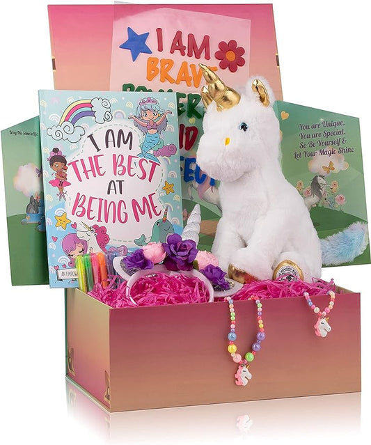 The Memory Building Company Kids Toys - Large Unicorn Surprise Box for Girls and Boys w/Unicorn Plush, Coloring Book and Markers, Jewelry and Horn Headband - Awesome Gift for Girls Age 6 & Up