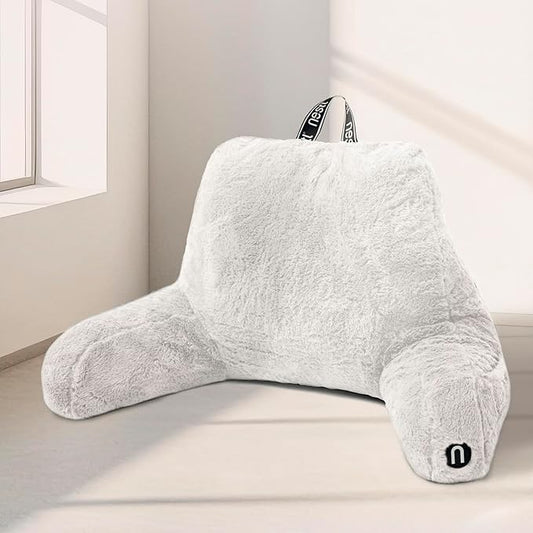Nestl Fur Reading Pillow, Stylish Back Pillow for Bed Sitting Up, Faux Fur Bed Chair Pillow with Arms, Reading Pillows for Sitting in Bed Adult & Kids, Sit Up Back Support Pillow for Bed Rest - White