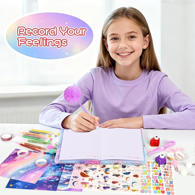 LiYiQ Plush Unicorn Diary Gift for Girls Kids Travel Journal Secret Diary with Scrapbook Paper Stickers Journal Stencils Pompom Pen and Washi Tape Practical Set Gift for Birthday Christma