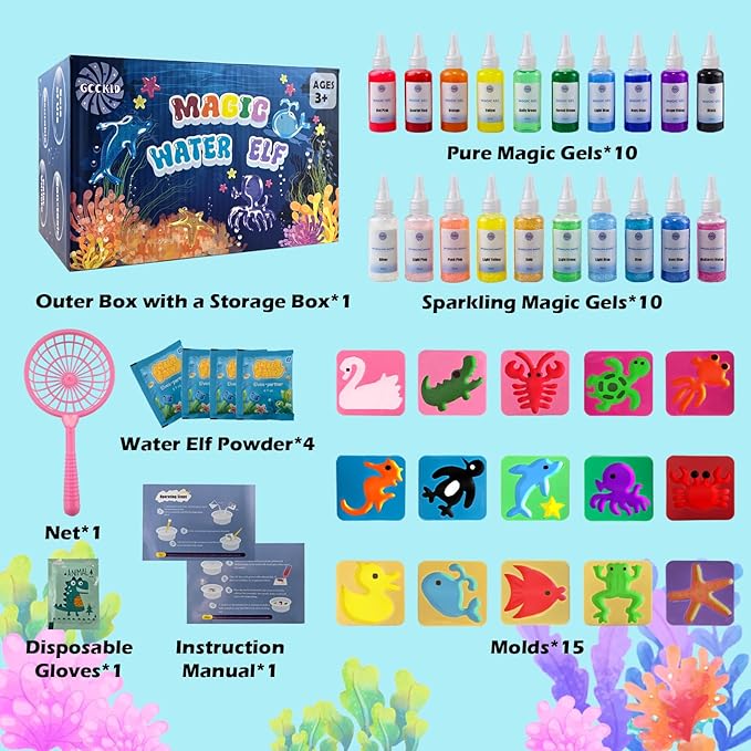 Aqua Fairy Water Gel Kit, Magic Water Elf Toy Kit with 20 Bottles of Magic Gel, 15 Molds, DIY STEM Toys, Water Squishy Kit for Kids, Fun Activity Kit for Ages 3+, Crafts for Kids Ages 4-8