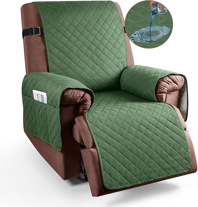 KinCam 100% Waterproof Recliner Chair Cover, Reclining Couch Covers for Pets, Dogs, Recliner Couch Slipcover Furniture Protector with Elastic Straps for Kids(28", Vine Green)