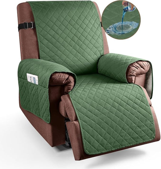 KinCam 100% Waterproof Recliner Chair Cover, Reclining Couch Covers for Pets, Dogs, Recliner Couch Slipcover Furniture Protector with Elastic Straps for Kids(28", Vine Green)