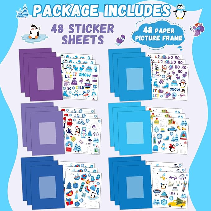 Qyeahkj 48 Pack Winter Craft for Kids Winter Picture Frame with Easel DIY Paper Arts Crafts Kit with Stand Christmas Holiday Xmas Photo Frames Bulks Game Activity for Kindergarten Preschool Boys Girls
