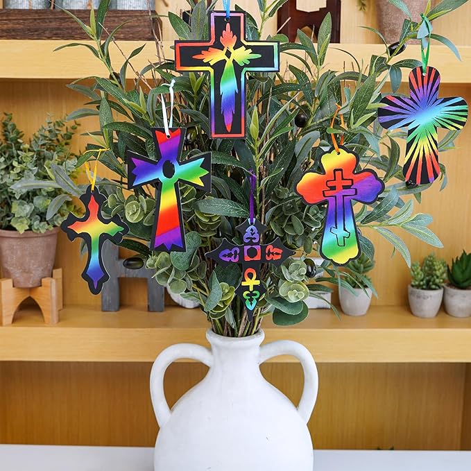 Winlyn 72 Sets 6 Styles Magic Color Scratch Cross Ornaments Craft Kits Rainbow Scratch Art Sets Scratch Paper Crosses with Scratching Tools for Kids Classroom VBS Sunday School Religious Activities