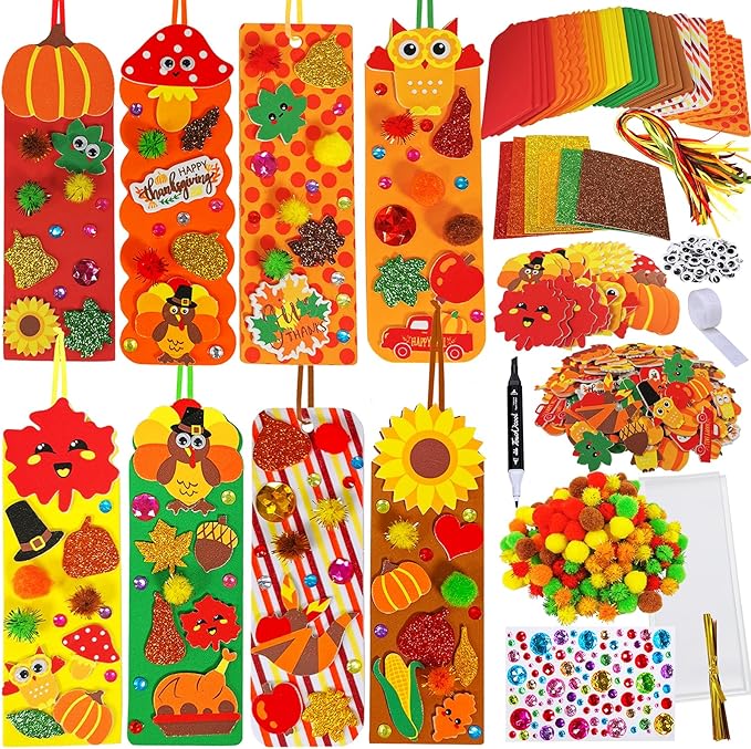 Winlyn 32 Sets Fall Crafts Kits DIY Fall Bookmarks Decorations Art Sets Maple Leaves Smile Face Owl Turkey Pumpkins Foam Stickers Arts and Crafts for Kids Thanksgiving Halloween Classroom Activities