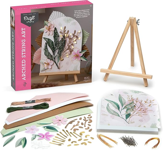 Craft Crush DIY String Art Craft Kit - Floral Interior Design DIY Activity for Teens & Adults - Complete String Art Kit with Embroidery Thread, Foam Canvas, Metal Pins, Wooden Easel - Ages 13+