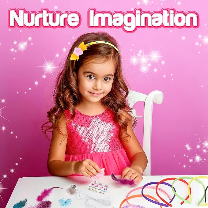 Play Brainy Rainbow Headband DIY Kit for Kids - 8 Year Old Christmas Gifts Girls with 10 Hair Bands, Hair Clasps, Flowers & More, Birthday Gifts for Girls Arts & Crafts for Family & Friends Playdates