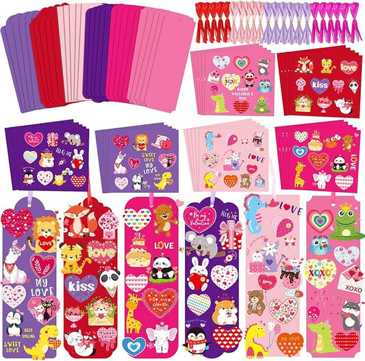 JUNEBRUSHS 30 Pack Valentines Crafts for Kids, Valentine's Day Bookmarks Craft Kits with Assorted Hearts Animal Stickers for Kids Classroom Game Activities Valentines Day Gift Exchange