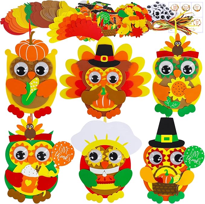 Winlyn 24 Sets Thanksgiving Owl Ornaments Decorations Art Sets DIY Thanksgiving Craft Kits Fall Crafts Pumpkin Sunflower Turkey Foam Stickers Arts and Crafts Googly Eyes for Kids Classroom Activities