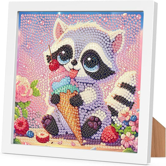 Raccoon Diamond Art Painting Kits with Frame- Animals Diamond Painting Kit with Frame, Cute DIY Diamond Art Kits as Wall Decoration 7X7 Inch