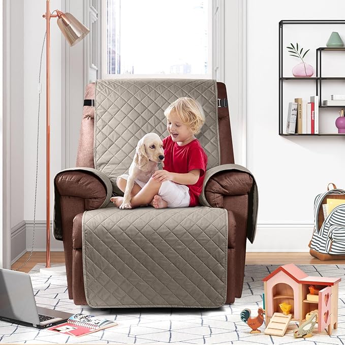 KinCam 100% Waterproof Recliner Chair Cover, Reclining Couch Covers for Pets, Dogs, Recliner Couch Slipcover Furniture Protector with Elastic Straps for Kids(28", Khaki)