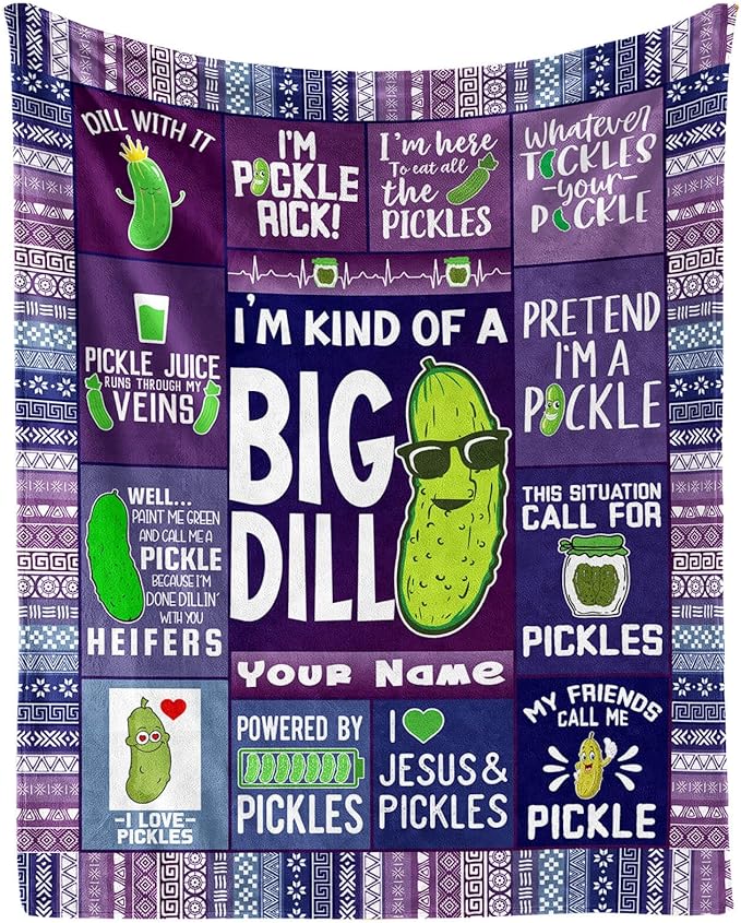 Custom Pickle Blanket with Name for Boys Girls, Personalized Cute Pickle Themed Design Printed Throw Blankets for Kids Lap, Chair, Giftable Blanket, 30"x 40"