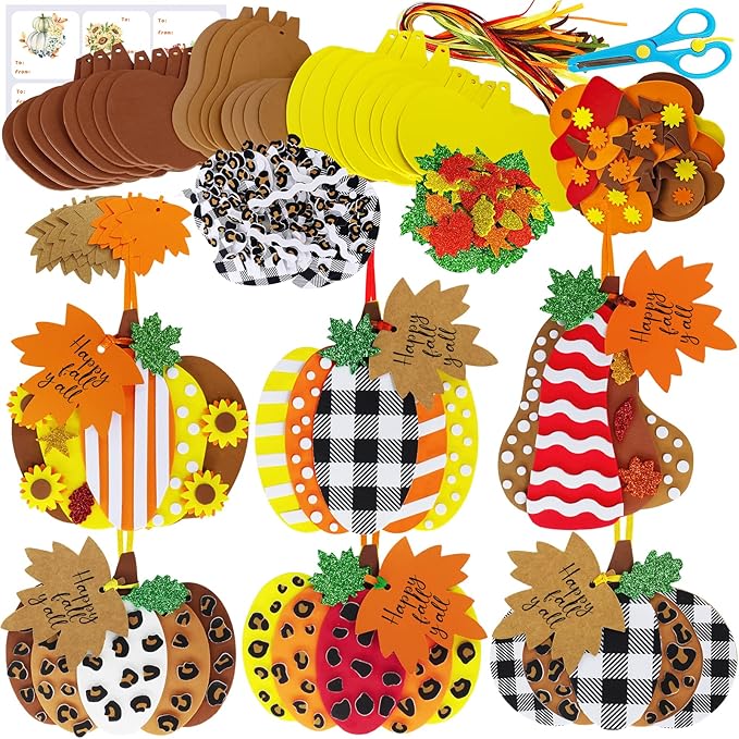 Winlyn 24 Sets Fall Pumpkin Crafts DIY Fall Pumpkin Ornaments Decorations Craft Kits Pumpkin Maple Leaf Foam Stickers Pumpkin Arts and Crafts for Kids Thanksgiving Halloween Party Classroom Activities