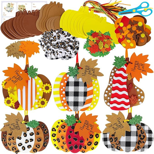 Winlyn 24 Sets Fall Pumpkin Crafts DIY Fall Pumpkin Ornaments Decorations Craft Kits Pumpkin Maple Leaf Foam Stickers Pumpkin Arts and Crafts for Kids Thanksgiving Halloween Party Classroom Activities