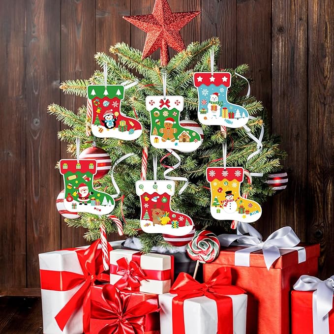 COCHIE 48Pcs DIY Christmas Craft Kits for Kids, Christmas Tree Stockings Ornaments Kit, Make Your Own Christmas Stockings Craft Xmas Party Decor DIY Stockings Cutouts for Holiday Handcraft Supplies