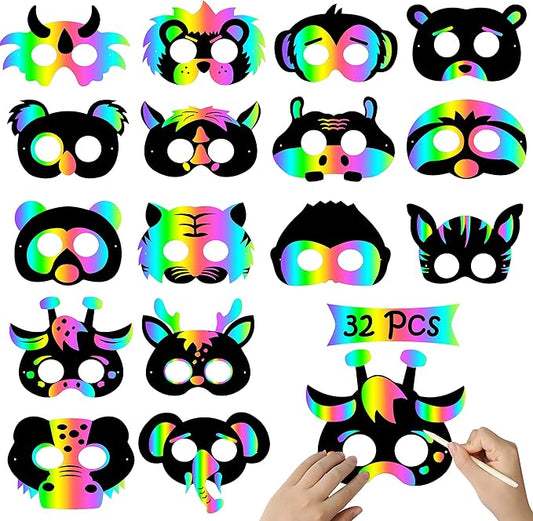 WATINC 32Pcs Scratch Paper Animal Masks, DIY Color Mask for Magic Scratch Party Favors, Birthday Gifts Pack for Children, DIY Art Craft Kit for Kids, 16 Styles with Elastic Bands Wood Stylus