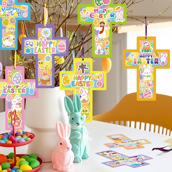 Tinlade 24 Set Happy Easter Suncatcher Craft Kit Religious Cross Suncatcher Craft Window DIY Tissue Paper Suncatcher Decoration Ornament for Easter Holiday Activities Sunday School VBS Party Favors