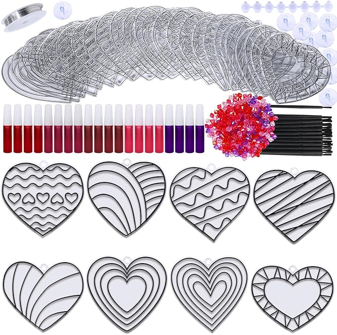 Winlyn 24 Sets Heart Suncatchers Ornaments Decorations DIY Window Paint Art Stickers Craft Kits Heart Sun Catchers for Kids Valentine's Day Classroom Activities Art Project Party Favors Gift Exchange