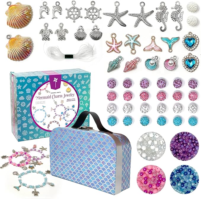 Pinwheel Crafts Mermaid Charm Bracelet Making Kit with Storage Case - DIY Kids Jewelry Making Kit for Girls 8-12 - Birthday Gift & Craft Supplies with Beads and Ocean Charms
