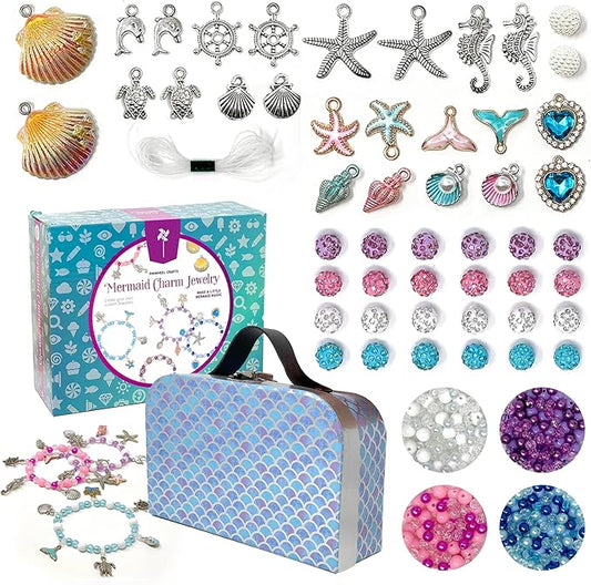 Pinwheel Crafts Mermaid Charm Bracelet Making Kit with Storage Case - DIY Kids Jewelry Making Kit for Girls 8-12 - Birthday Gift & Craft Supplies with Beads and Ocean Charms
