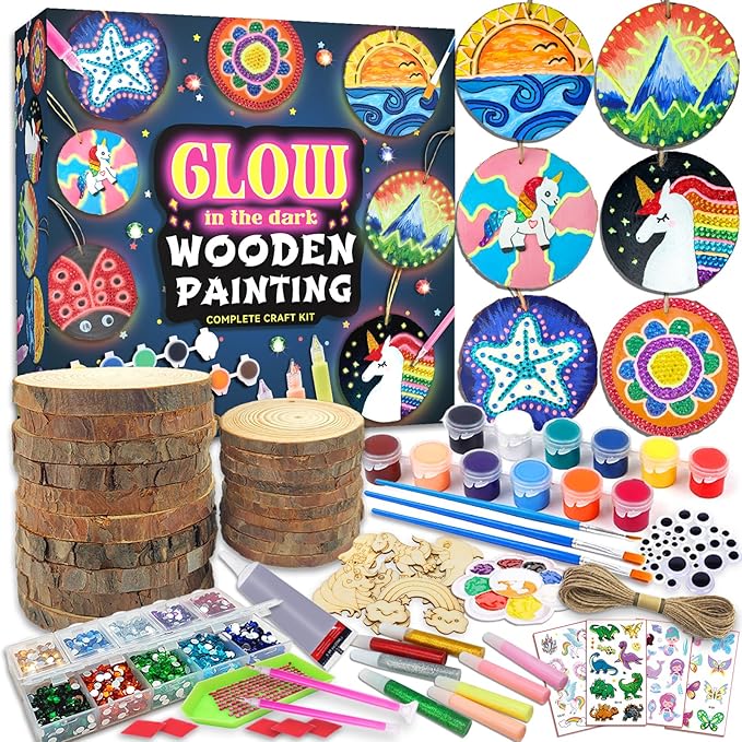 klmars Kids Wooden Painting Kit-Glow in The Dark-Arts & Crafts Gifts for Boys Girls Ages 6-12-Wood Slice Craft Activities Kits - Creative Art Toys for Birthday Party Favors Prizes(20Pcs)