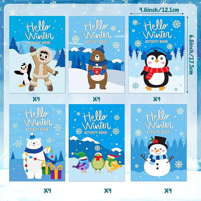 ANGOLIO 24Pcs Hello Winter Activity Coloring Books Including Snow Snowman Polar Bear Penguin DIY Art Drawing Patterns Learn Math Party Favors Christmas Gifts Home Classroom Activity Supplies for Kids