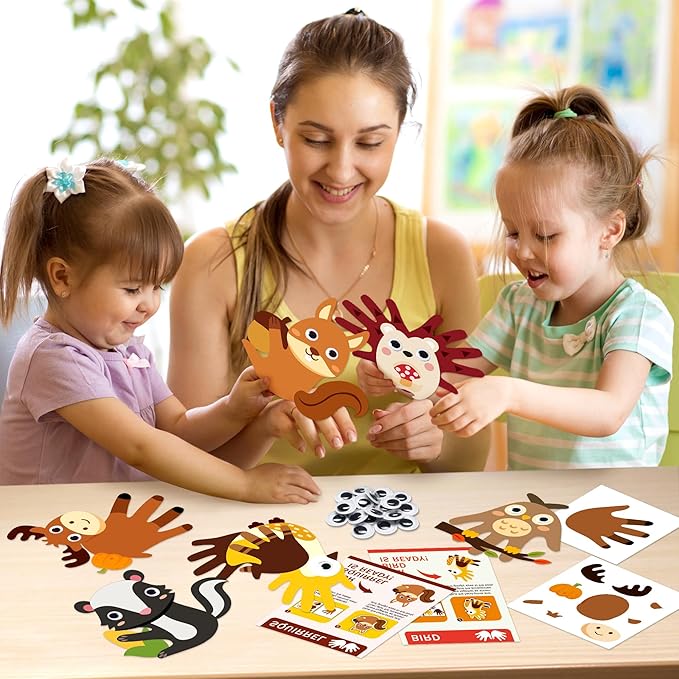WATINC 12Pcs Woodland Animal Handprint Art Craft, Rabbit Hedgehog Owl Easy DIY Kit, Forest Animals Themed Arts Supplies Preschool Classroom Hand Print Activity Party Favors