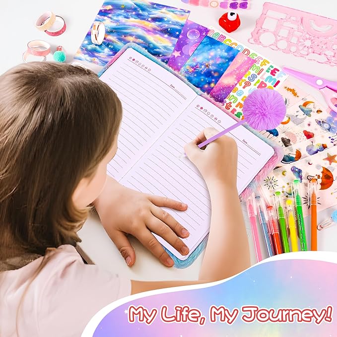 LiYiQ Plush Mermaid Diary Gift for Girls Kids Travel Journal Secret Diary with Scrapbook Paper Stickers Journal Stencils Pompom Pen and Washi Tape Practical Set Gift for Birthday Christma
